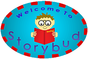 storybud logo blue elipse with red border and the words welcome to storybud on it