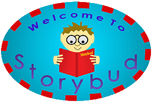 Oval Storybud logo with a child reading a book in the middle